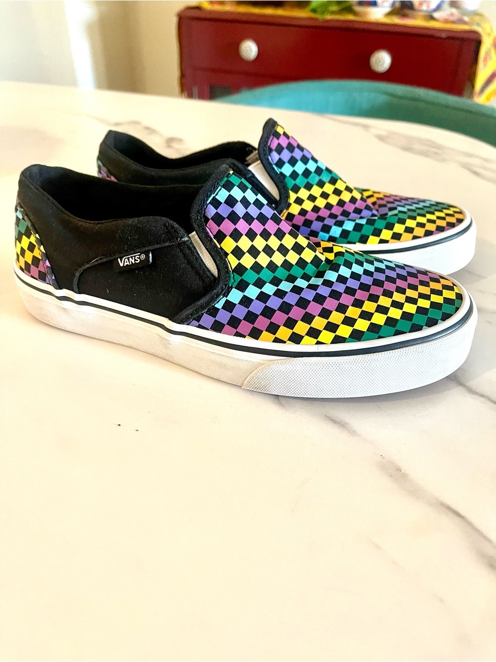 Vans Women's Slip-On Checkerboard Flats in Black, Yellow, Green, Purple, Teal - Picture 2 of 5